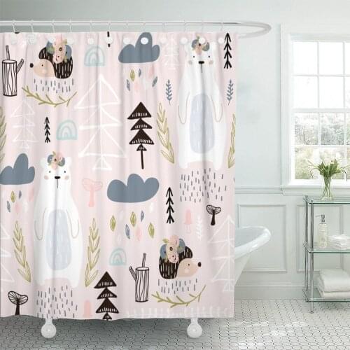 Abstract with Bear Floral Hedgehog Creative Forest Height Detailed Perfect Nursery Baby Shower Curtain Waterproof Polyester Fabr