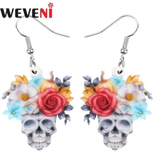 WEVENI Acrylic Halloween Skeleton Skull Earrings Flower Elegant Dangle Drop Jewelry For Women Girls Friends Funny Festival Gift