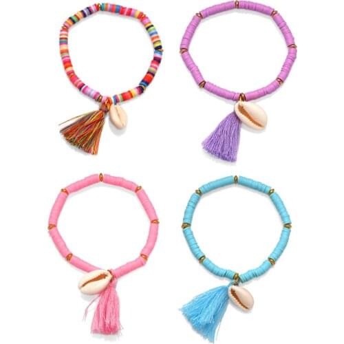 Boho 5mm Vinyl Polymer Clay Discs Heishi Beads Cowrie Seashell Tassels Stretch Bracelet 2020 New Fashion Chic Summer Jewelry Her