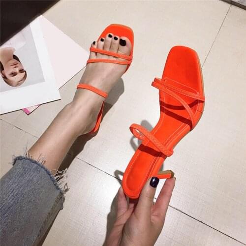 2020 New Summer Women Square Toe Sandals Ladies Pu Leather Womens Mid High Heels Slippers Female Fashion Woman Shoes