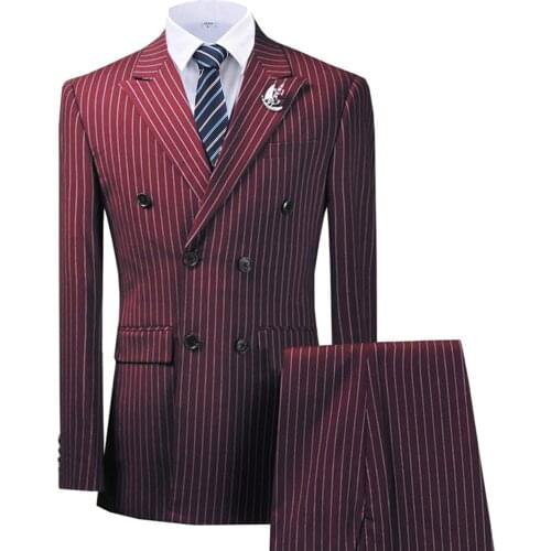 Double Breasted Peak Lapel Stripes Burgundy Blazer Two Pieces Mens Suit with Pants Formal Navy Jacket For Wedding Groom Tuxedos