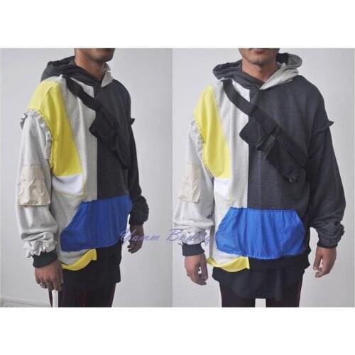 Irregular Cut Long Diagonal Multi Pocket Fleece Hoodie / Streetwear Sweatshirt HipHop Fashion / ACW Inspired Reversed Parts