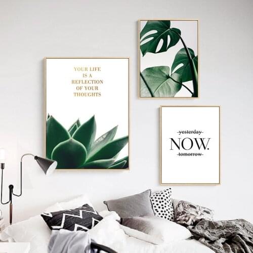 HAOCHU Nordic Tropical Green Plant Monstera Leaf Inspirational Quotes Words Canvas Painting Wall Picture Home Living Room Decor