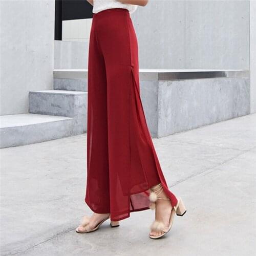 Quality Chiffon High Waist Slits Pants Ladies Thin Wide Leg Pants Trousers For Female Women Casual Loose Trousers