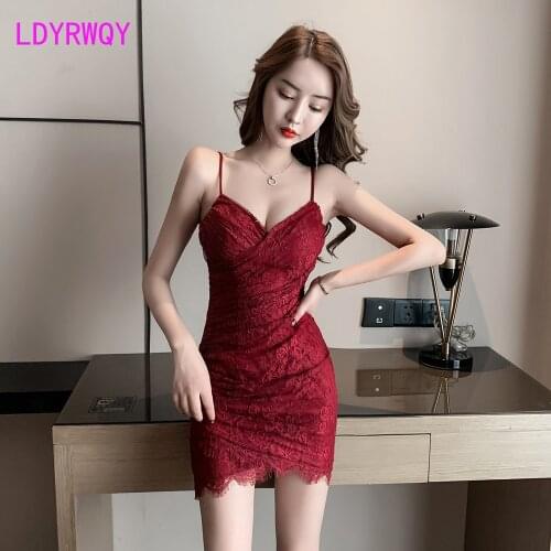 LDYRWQY Low breast of summer South Korea new sex appeal temperament wraps buttocks tight lace dress V-Neck