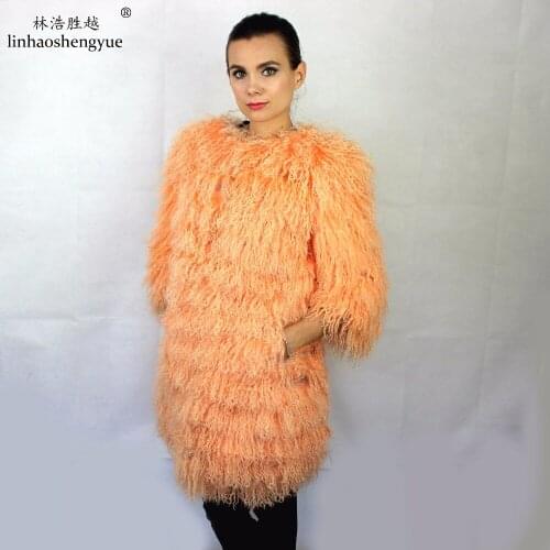 Linhaoshengyue 100% Natural TAN Sheep Fur Women Coat Fashion Noble Comfortable and Warm