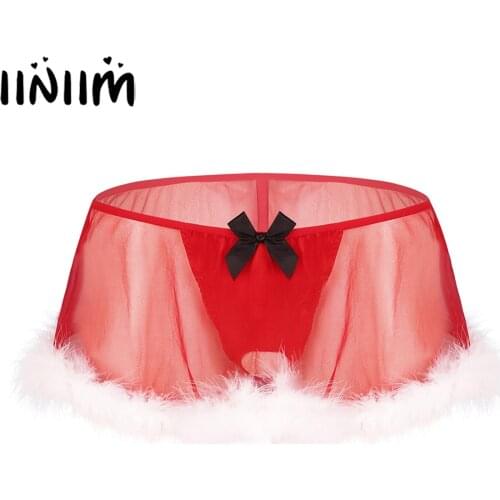 Iiniim Men Male Sissy Gay Panties Christmas Costume See Through Sheer Lingerie Underwear White Feather Hem G-string Panty Skirt
