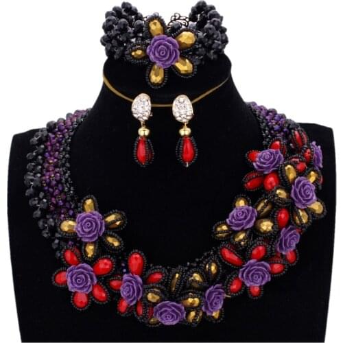 Dudo Jewelry Black & Purple Jewellery Set African With Red & Gold Flowers Women Wedding Jewelry Sets Free Shipping Nigerian Bead