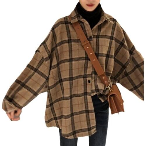 2021 Ladies New Long-sleeved woolen plaid lapel shirt women loose plus size retro-breasted all-match external blousers jacket