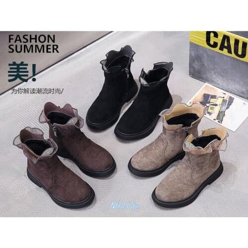 2020 Autumn Winter New Boots Ribbon Shoes for Girl Children Single Boots Plus Cashmere Martin Boots Middle Tube Female Shoes