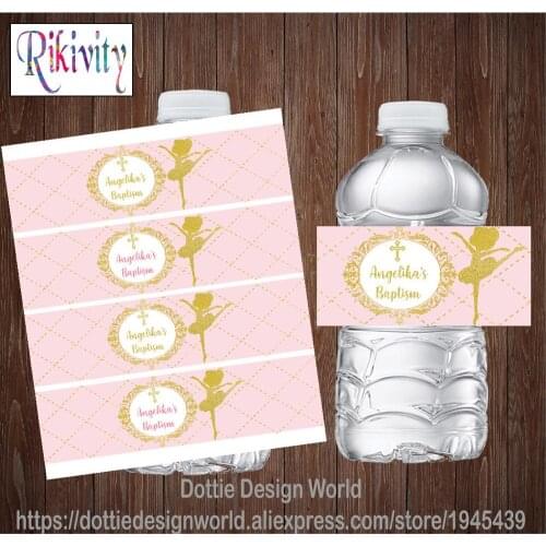 Custom Pink Gold Ballet Girl Baptism First Holy Communion Water Bottle Wine Labels Candy Bar Wrapper Stickers Party Decoration