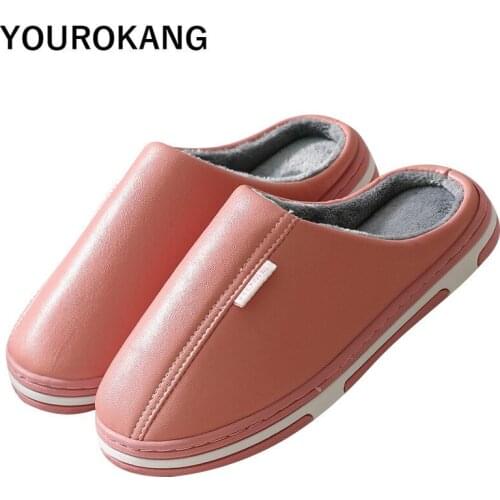 2020 Winter Warm Men Home Slippers PU Leather Indoor Floor Plush Slipper Unisex Lovers Furry Cotton Shoes Waterproof New Arrival