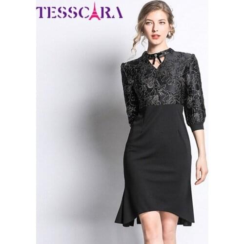 TESSCARA Women Spring Elegant Jacquard Dress Festa High Quality Vintage Cocktail Party Robe Femme Designer Trumpet Vestidos