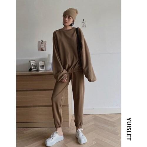 Solid Color Sport Suit Autumn Winter Loose Round Neck Sweatshirts Pullover+casual Lace Up Sweatpants 2 Piece Set Women