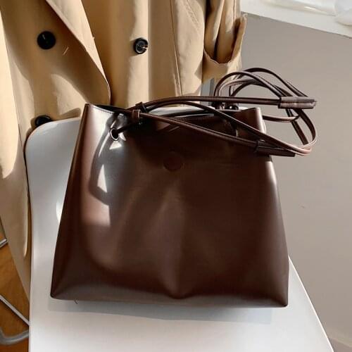 Vintage Big Soft Bucket Shoulder Bags For Women Simple Large Capacity A4 Work PU Leather Female Tote Bags Autumn Winter 2021