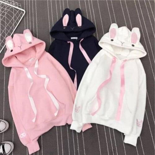 Women Sweatshirt Harajuku Hoodie Cute Rabbit Ears Plush Thick Spring Autumn Female Student Girls Friend Pullover Top