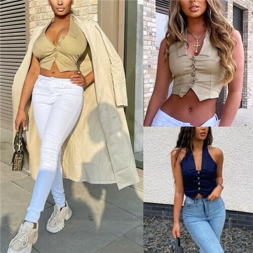 Womens Halter Crop Tank Tops Sleeveless Turn Down Collar Solid Color Button Up Camisole