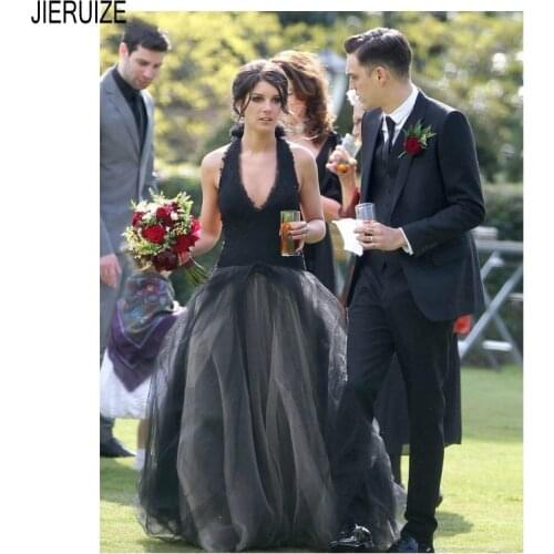 JIERUIZE Modest Country Wedding Dresses Halter Neck Backless Black A Line Bridal Gowns Gothic vestido de noiva Bride Dresses