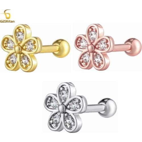 1PC 3 Color Flower Ear Studs Cz Curved Bar Cartilage Earring Conch Piercing Helix Stud Ear Piercing Jewelry
