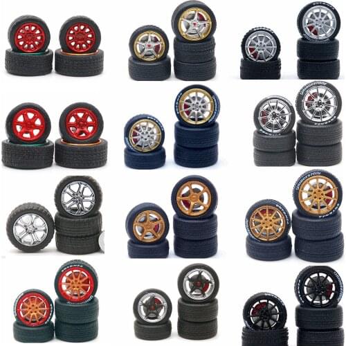 8pcs(2sets) 1/64 Refitted Car Model Wheels + Rubber Tires + Axles 1:64 Mini Car Spare Parts Red/Golden/Silver/Black