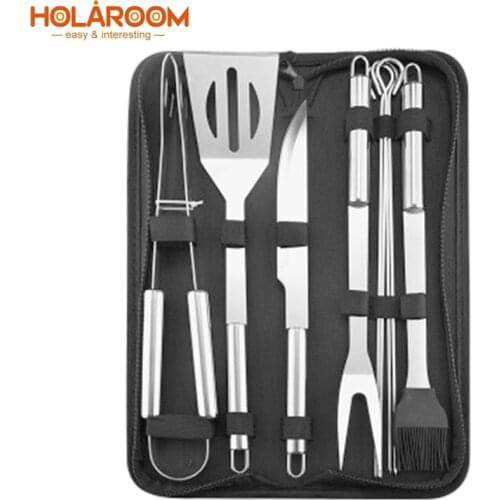 9pcs Durable Stainless Steel Barbecue Tools Kitchen Practical Barbecue Supplies Portable Outdoor BBQ Utensils For Camping Picnic