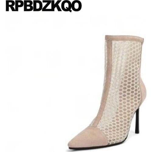 Summer Sandals Mesh Size 11 Designer Shoes Women Luxury 2021 Pointed Toe Cut Out Big Boots Stiletto Extreme Ankle 10 High Heel