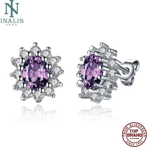 INALIS Romantic White Round Stud Earrings For Women 5A Clear Cubic Zirconia Female Copper Earring Engagement Fashion Jewelry