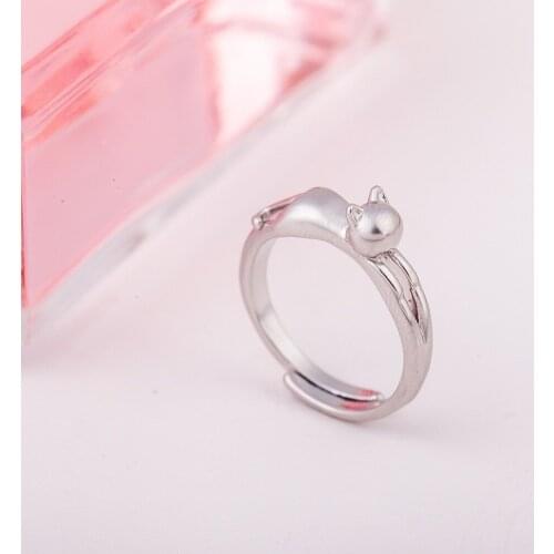 Cute Kitty Cat Groveled Lovely Animal Creative Designed Silver Plated Adjustable Rings For Women
