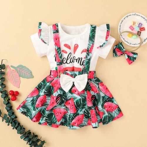 Toddler Kids Baby Girl Suspender Skirts Set Ruffle T Shirt Letter Tops Tropical Fruit Floral Printing Bow Summer Girl Outfits