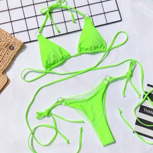 Women Summer Bikini Set Solid Halter Push Up Unpadded Bra Drawstring T-shaped Panty Swimming Beachwear 3 Colors