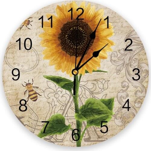 Retro Flower Sunflower Bee Round Wall Clock Modern Design Home Living Room Decoration Childrens Room Kitchen Table Clock