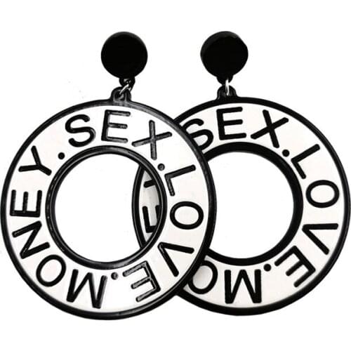 Cool Punk Simple Black White English Letters Hollow Out Circles Acrylic Drop Earrings for Female Party Night Club Jewelry 2020