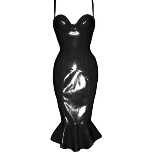 Summer Women Dresses Sexy Spaghetti Straps Bandage PVC Wet Look Leather Midi Dress Vintage Bodycon Clubwear Party Dress Vestidos