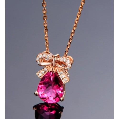 Cute Rose Red Color Crystal Water Droplets Bow-knot Zircon Necklace For Women Jewelry Luxury Necklace Lady Gifts KOFSAC