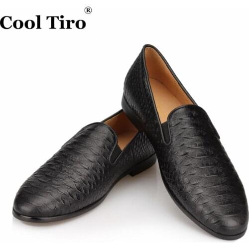 COOL TIRO Mens Moccasins Snakeskin Python Men Loafers Smoking Slippers Genuine Leather Flats Formal Wedding Dress Shoes Casual