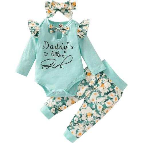 Newest 3Pcs Baby Girls Outfit, Bow Tie Long Sleeve Hollow Round Collar Letter Romper + Floral Printing Long Pants + Headwear Set