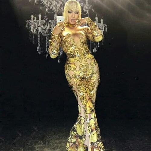 Skinny Gold Rhinestones Rompers Female Singer Dancer Big Pants Costume Bodysuit Nightclub DJ DS Oufit Party Jumpsuit DNV10279