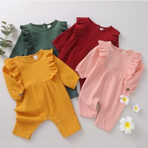 Baby Girls Casual Romper Long Sleeve Round Collar Solid Color Jumpsuit, Dark Green/ Wine Red/ Yellow/ Pink