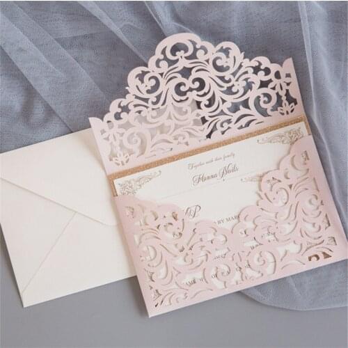 Cordially Inviting- Light Pink Shimmer Laser Cut Classic Wedding Invitations with Glittery Backer Hollow Quinceanera Invitation