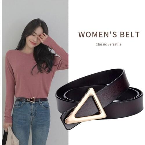 Design Personality Cowhide Thin Belt Metal Triangle Buckle Thin Female Belts Jeans Trouser Dress Lady Fashion Waist Strap
