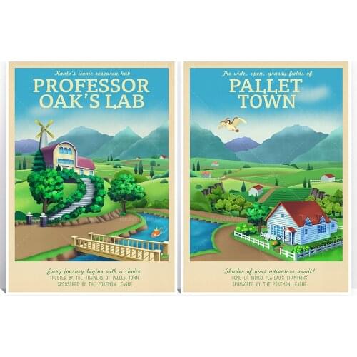 Retro Travel Poster-Pallet Town and Oaks Modern Retro Kanto Anime Geek Gamer Typography Printing Decoration Poster