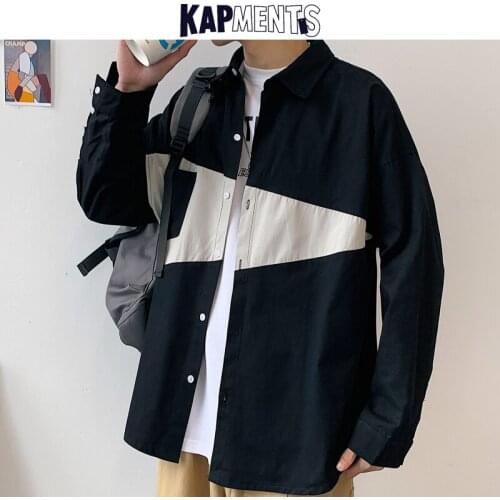 KAPMENTS Men Long Sleeve Oversized Patchwork Shirts 2021 Spring Mens Pockets Harajuku Casual Korean Shirt Male Streetwear Blouse