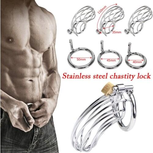 Lockable Stainless Steel Cock Cage with Lock & Keys Penis Ring Sleeve Lock Sex Toys for Men Adult M2