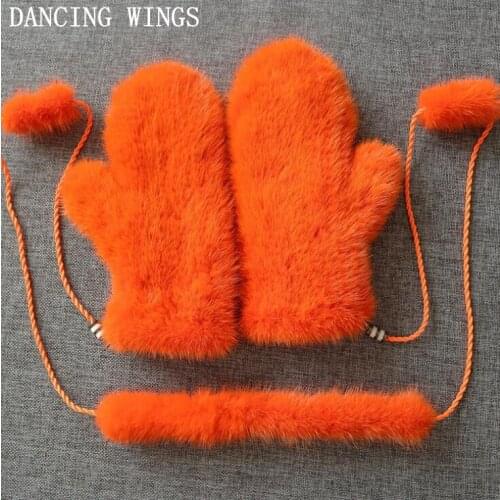Women Real Mink Fur Knitted Gloves Winter Thicken Warm Full Finger Fur Mitten&Gloves Women Lanyard Mittens
