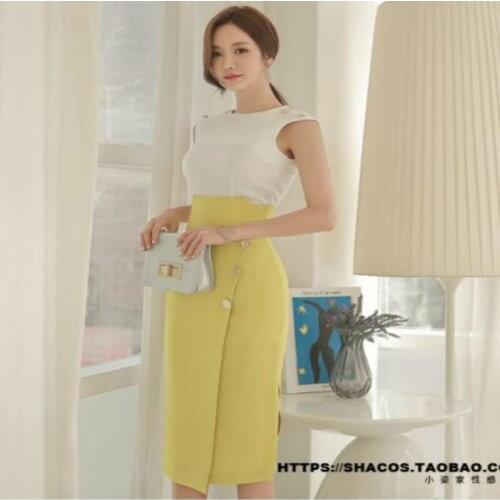 New design womens OL fashion sleeveless slim waist vest tank top and high waist midi long skirt twinset dress suit S M L XL