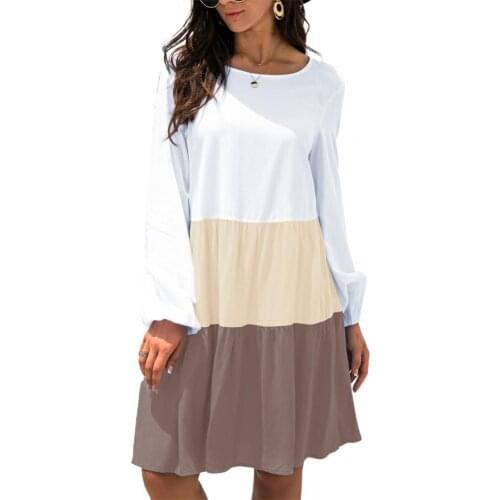 Women Dress 2021 Contrast Color Patchwork Sundress Long Sleeve Beach Dress O Neck Ruffles Dress for Daily Wear