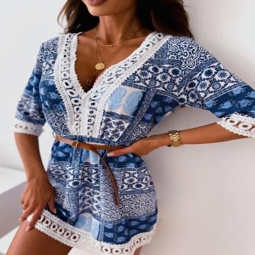 Summer Dress Women Robe Femme Patchwork Lace Print A-Line Y2K Dresses V-Neck Half Sleeve Mini Dress For Women Vestido De Mujer