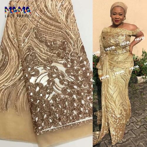 5 Yards Gold With Silvery Sequined Embroidered Mesh Tulle Lace Fabrics African French Net Lace Swiss Guinea Wedding Bride Sewing