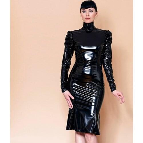 Shiny Patent Leather Puff Sleeve Turtleneck Dress Women Bodycon Ruffled Midi Dress Casual Long Sleeve PU Mermaid Dresses Custom