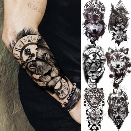 Big Compass Lion Temporary Tattoos For Men Foreearm Women Adults Wolf Tiger Skull Rose Owl Eye Fake Tattoo Sticker Tatoos